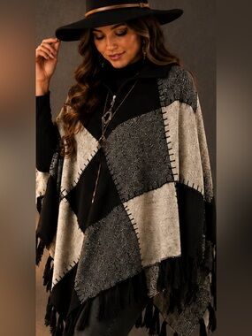 🖤 Allison Daley | Wool Blend | Patchwork Fringe Poncho Sweater | Gothic Boho